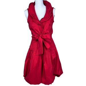 SAMUEL DONG Sleeveless Dress Ruffle Sleeveless Tie Waist Fit Flare Bubble Red